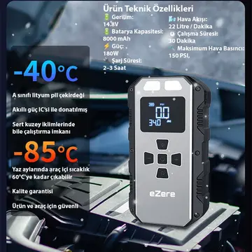 EZERE 4 in1 8000mAh Lastik Sisirme Pompası Ve Starter Akü Takviye Seti