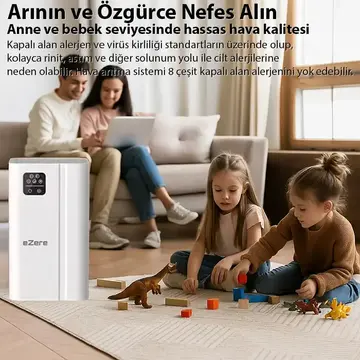 EZERE FullClean Pro Have Temizleme Cihazı 350 CADR LED ekran iyon ve sessiz çalışma ile toz duman poleni %99.9 filtreler. Temiz hava