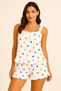 Kalp Baskılı Yumuşak Dokulu İp Askılı Şortlu Örme Pijama Takımı