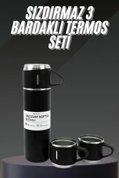 Termos Seti Paslanmaz Çelik 3 Bardaklı Vakumlu Termos Set 500 Ml 12 Saate Kadar Isı Koruma