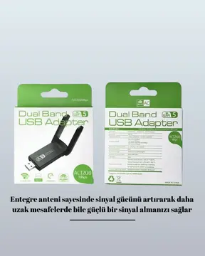 Yüksek Hızlı 1200 Mbps Çift Bant USB WiFi Adaptör – Güçlü Sinyal Geniş Uyumluluk