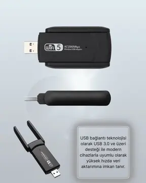Yüksek Hızlı 1200 Mbps Çift Bant USB WiFi Adaptör – Güçlü Sinyal Geniş Uyumluluk