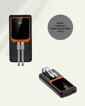 Powerbank 20000 mAh | 22.5W Hızlı Şarj Dahili Kablolu LCD Ekranlı Şarj Cihazı