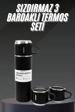 Termos Seti Paslanmaz Çelik 3 Bardaklı Vakumlu Termos Set 500 Ml 12 Saate Kadar Isı Koruma
