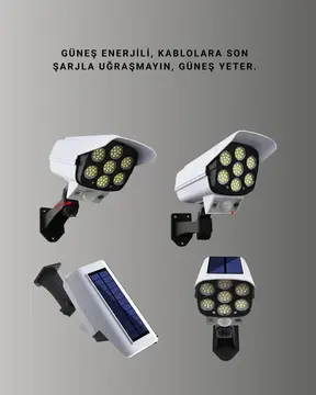 77 LED'li Güneş Enerjili Güvenlik Lambası ve Kukla Kamera – Hareket Sensörlü 2400mAh Pilli