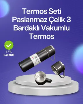 Isıyı Uzun Süre Koruyan 500 ml Termos Seti | Çelik Gövde 2 Bardaklı Hediye Kutulu
