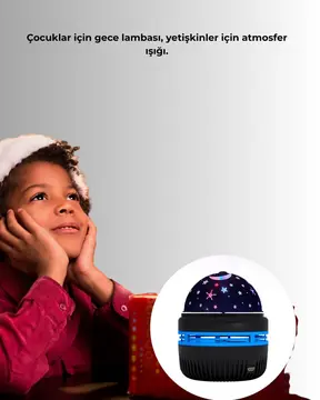 Döner Galaxy Projektör Gece Lambası – Ay ve Yıldız Işıklı Atmosfer Lamba USB Bağlantılı
