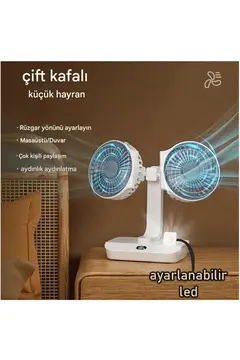 Masaüstü Dijital Ekranlı Çift Fanlı Led Işıklı Soğutucu Fan Ev Ofis Şarjlı Vantilatör