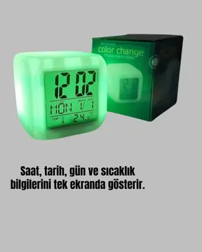 7 Renk LED Işıklı Alarmlı Dijital Küp Masa Saati Termometreli