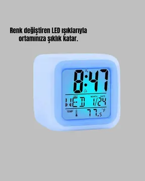 7 Renk LED Işıklı Alarmlı Dijital Küp Masa Saati Termometreli