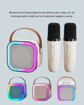Kablosuz Karaoke Hoparlör – Çift Mikrofon ve LED Işıklı