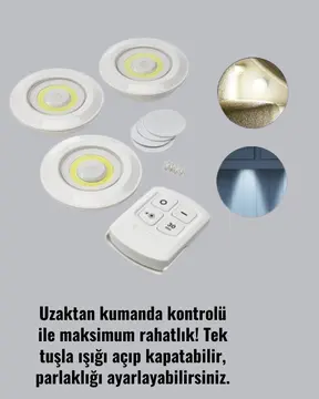3 Lü Pilli Kablosuz Led Spot Lamba Seti Kumandalı Kolay Montaj Aydınlatma