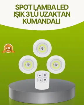Uzaktan Kumandalı 3 Lü Kablosuz Led Spot Lamba Seti Yapışkanlı Pratik Kullanım