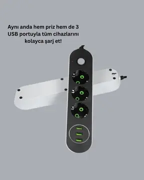 USB Yuvalı Anahtarlı Üçlü Priz 2 Metre Kablolu