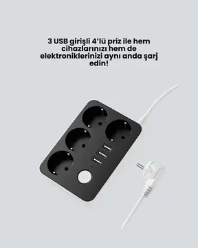 4.1A Hızlı Şarjlı Akım Korumalı 4 Priz ve 3 USB Çıkışlı Priz