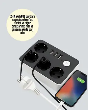 4.1A Hızlı Şarjlı Akım Korumalı 4 Priz ve 3 USB Çıkışlı Priz