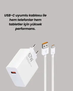 67W Turbo Hızlı Şarj Adaptörü ve Type-C Kablo Güvenli Şarj Teknolojisi