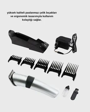 Şarjlı Saç ve Sakal Kesme Makinesi – Paslanmaz Çelik Bıçak Ayarlanabilir Başlık