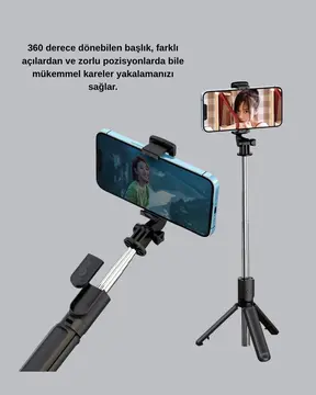 Kablosuz Bluetooth Selfie Çubuğu – 360° Dönebilir Başlık Taşınabilir ve Şık Tasarım
