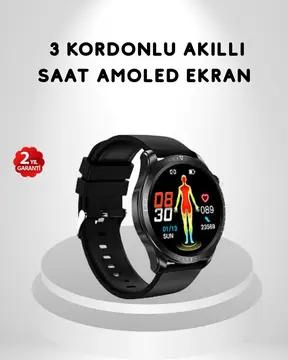 AMOLED Ekranlı Akıllı Saat – 3 Kordon Seçenekli Suya Dayanıklı Kalp Atış ve Uyku Takip Özellikli