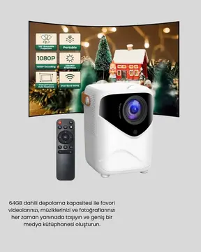 Taşınabilir 1080P HD Akıllı Projektör – 64GB Dahili Hafıza 2GB RAM Uzaktan Kumandalı
