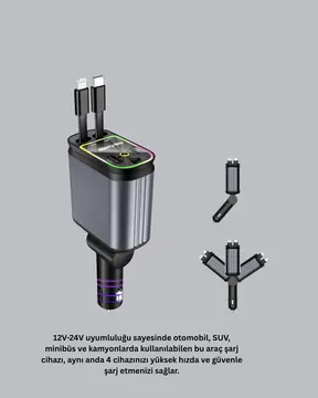 Araç Şarj Cihazı 4 Portlu 66W Hızlı Şarjlı LED Işıklı ve 180° Dönebilir