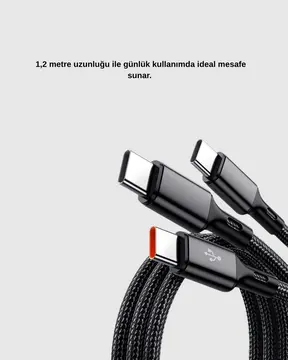 3’ü 1 Arada Şarj Kablosu Type-C iOS Android Uyumlu Hızlı ve Güvenli Şarj