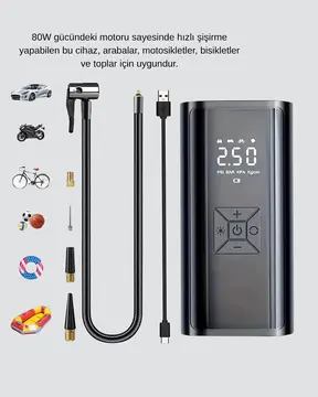 Kablosuz Dijital Lastik Şişirme Pompası LED Işıklı 80W