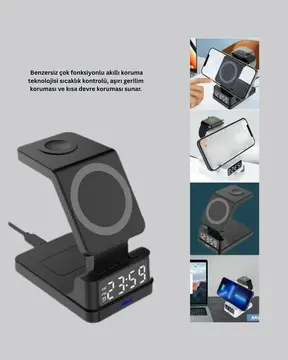 4’ü 1 Arada Kablosuz Şarj İstasyonu – LED Saat Ekranlı Apple Uyumlu Akıllı Güvenlik Koruması