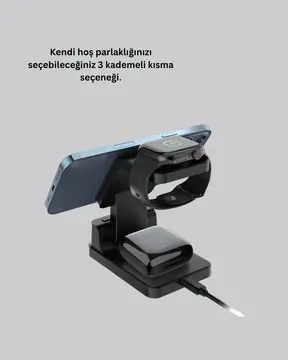 Kablosuz Şarj Cihazı ve Dijital Saat – 4’ü 1 Arada Hızlı Şarj Apple Uyumlu LED Işıklı Tasarım