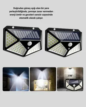 100 LED Solar Lamba Hareket Algılamalı Bahçe Duvar Dış Mekan Aydınlatma