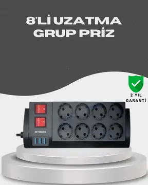Akım Korumalı 8’li Priz 3 USB’li Uzatma Kablosu Isıya Dayanıklı 2 Metre