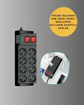 Akım Korumalı 8’li Priz 3 USB’li Uzatma Kablosu Isıya Dayanıklı 2 Metre