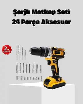 24 Parça Çift Bataryalı Akülü Darbeli Matkap – Güçlü Motor Metal Dişli LED Işıklı