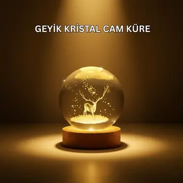 USB Bağlantılı Geyik Temalı Kristal Küre Premium Masa Gece Lambası