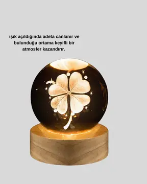 Dekoratif Yonca Görünümlü Işıklı Kristal Cam Küre USB Masa Gece Lambası