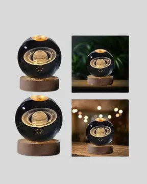 Satürn Gezegenli Kristal Küre LED Lamba USB’li Ahşap Standlı