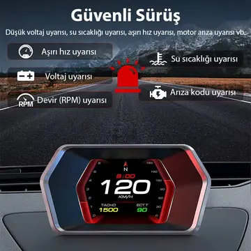 Ally P17 HUD OBD2 & GPS Çift Sistemli Araç Bilgisayarı | Dijital Kilometre Su ve Yağ Sıcaklığı Ölçer Hız & Alarm Göstergeli Oto Elektroniği