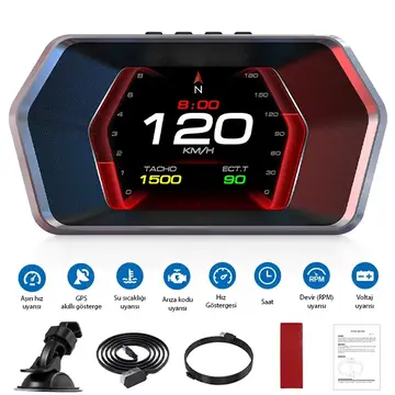 Ally P17 HUD OBD2 & GPS Çift Sistemli Araç Bilgisayarı | Dijital Kilometre Su ve Yağ Sıcaklığı Ölçer Hız & Alarm Göstergeli Oto Elektroniği