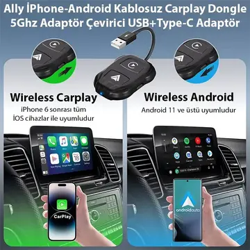 Ally iPhone-Android Kablosuz Carplay 5ghz Adaptör Çevirici -Youtube Netflix Tiktok Video Yansıtıcı