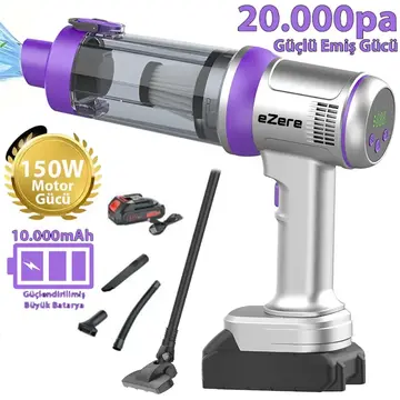 Ezere Powerstorm Kablosuz El Süpürgesi 20000Pa Çekim Gücü 3 Kademeli HEPA Filtre 21V 2.0Ah Batarya