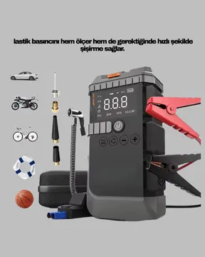 Şarjlı 12000 mAh Araç Akü Takviye ve Hava Kompresörü 4’ü 1 Arada