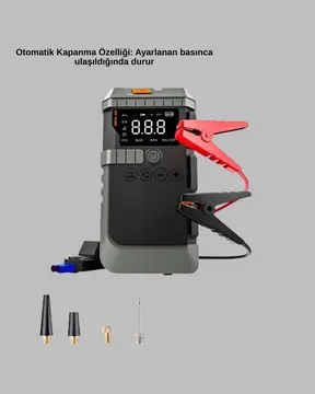 Şarjlı 12000 mAh Araç Akü Takviye ve Hava Kompresörü 4’ü 1 Arada