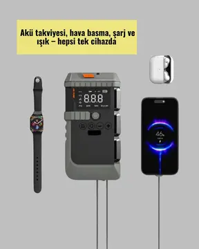 Şarjlı 12000 mAh Araç Akü Takviye ve Hava Kompresörü 4’ü 1 Arada