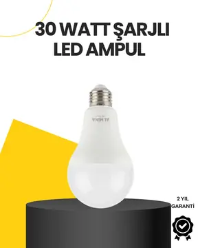 Yüksek Işık Güçlü Şarjlı LED Ampul E27 30W Enerji Tasarruflu