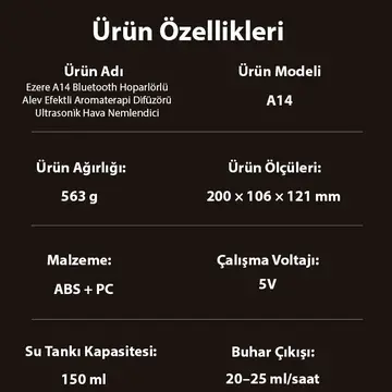 Ezere A14 Bluetooth Hoparlörlü Alev Efektli 8 Sesli Renkli Alev Görünümlü Aromaterapi Difüzörü Ultrasonik Hava Nemlendici