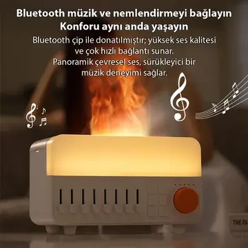 Ezere A14 Bluetooth Hoparlörlü Alev Efektli 8 Sesli Renkli Alev Görünümlü Aromaterapi Difüzörü Ultrasonik Hava Nemlendici