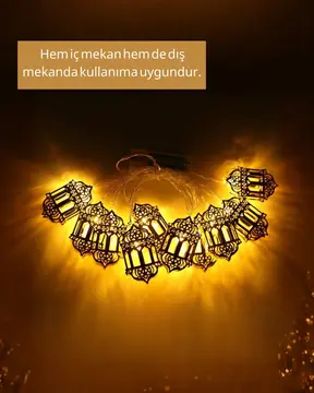 Pilli Ramazan Işıkları Altın Renk Fener Figürlü LED Süsleme