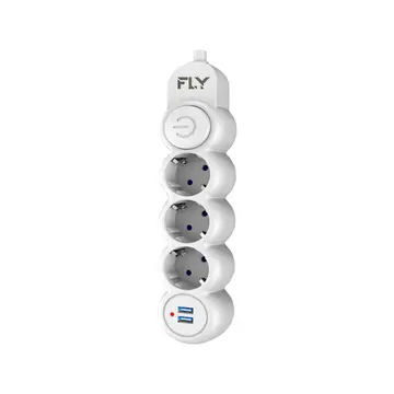 FLY 3393-01 3 Soket 2 USB Akım Korumalı Priz 2.1A Anahtarlı 2Mt Kablo (Beyaz)(1923)