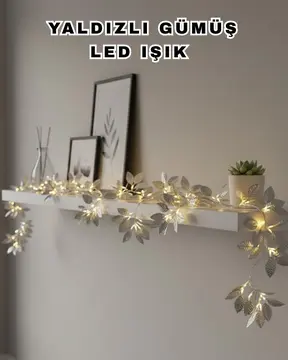 Yaldızlı Gümüş Yaprak LED Işık Pilli Dekoratif Ortam ve Yılbaşı Aydınlatması